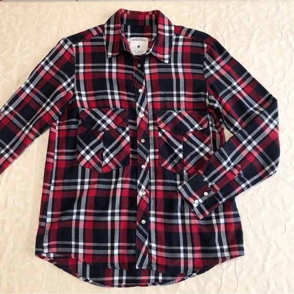 Zara Womens Plaid Shirt Medium Red Navy Long Sleeve Casual Collared Snap Button - Picture 4 of 9